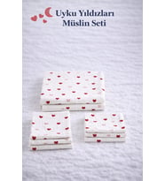 More Home % 100 Pamuk Müslin Örtü, Bebek Battaniyesi 5 Parça Set Kalp Desenli Beyaz Kırmızı