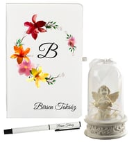 Kişiye Özel Defter ve Işıklı Melek Tasarımlı Fanus Kişiye Özel Roller Kalem Hediyeli