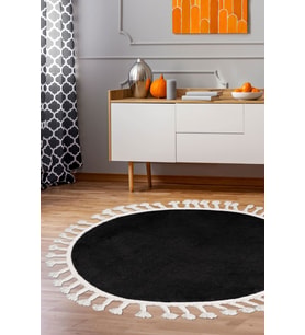 Dijidekor Peluş Halı Siyah Cool Saçaklı Yuvarlak Kesme Post Yolluk Kilim Salon Halısı Modelleri