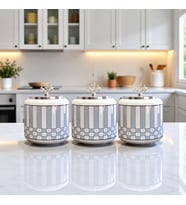 Büyük Boy Kahve Köşesi Seti Oval Baharatlık 1400 ml (Çay,Kahve,Şeker) Gri Kare Dik Çizgi GÜMÜŞ