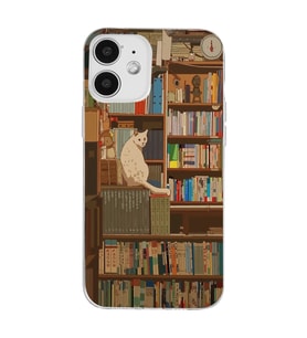 Iphone 12 Uyumlu Kedi ve Kütüphane Tasarımlı Şeffaf Telefon Kılıfı