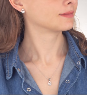925 Ayar Gümüş Pırlanta Modeli Damla Kolye Küpe Set