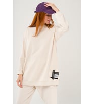 S-3991 Slogan Nakışlı Basic Oversize Sweatshirt Takım (Ekru)