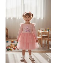 Pembe Labubu Tüllü Uzun Kollu Penye  Kız Çocuk Elbisesi