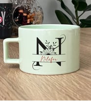 Kişiye Özel Ayçiçek N Harfli Hediye Pastel Fincan İsme Özel İsimli İsim Yazılı (Yeşil)