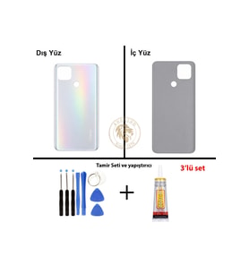 Oppo A15 Gümüş Uyumlu Arka Kapak + Yapıştırıcı ve Vida Seti Arka Cam Batarya Pil Kapağı Lazer Kesim