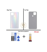Oppo A15 Gümüş Uyumlu Arka Kapak + Yapıştırıcı ve Vida Seti Arka Cam Batarya Pil Kapağı Lazer Kesim