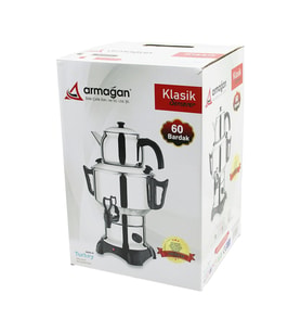KLASİK ÇAY SETİ=DEMLİK - SU KAZANI ELEKTRİKLİ SEMAVER 60 BARDAK 6LT - TEK MUSLUK 1500W GİZLİ REZİSTANS