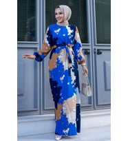 Yaprak Desenli Tesettür Saks Elbise