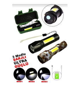 USB CHARGE 2İN13W+1W USB ŞARJLI LEDLİ POLİS EL FENERİ METAL KASA PLS.KUTU