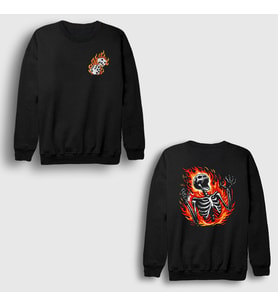 Presmono Unisex Siyah Dices Havalı Burning Skeleton Sırt Baskılı Sweatshirt 537198tt