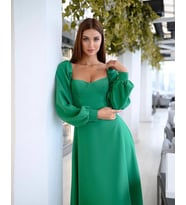 Kadın Madonna Yaka Balon Kol Maxi Boy İthal Double Kumaş Elbise (Yeşil)
