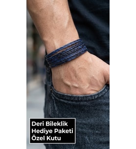 Grevello Marine Lacivert Deri Erkek Bileklik - Çok Sıralı Dokulu Tasarım