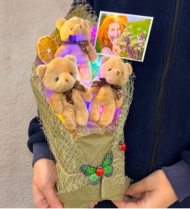 Renkli Led Işıklı Fotoğraflı Özel Kahve Ayıcıklı Büyük Boy Peluş Ayıcık Buketi (Model 4)