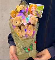 Renkli Led Işıklı Fotoğraflı Özel Kahve Ayıcıklı Büyük Boy Peluş Ayıcık Buketi (Model 4)