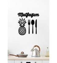 MIGNATIS - Mutfağım Yazısı Ananas Çatal Bıçak Duvar Oda Ev Aksesuarı Ahşap Tablo (Siyah)