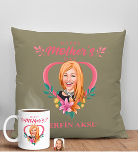 BK Gift Kişiye Özel Karikatürlü Anneler Günü Tasarımlı Haki Kırlent Yastık ve Kupa Seti, Anneye Hediye, Ev Dekorasyonu, Anneler Günü Hediyesi-5