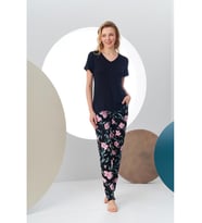 Pjs Kadın Kısa Kollu V Yaka Çiçek Desenli Pijama Takım