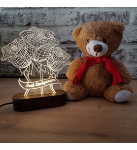 Sevgiliye Hediye Gül Buketi 3D LED Gece Lambası ve Sevimli Ayıcık