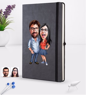 BK Gift Kişiye Özel Sevgililer Karikatürlü Siyah Termo Deri Defter 16x24cm Model 105