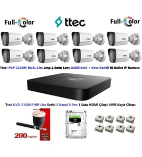 2mp Dahili Sesli ve Gece Renkli 8 Kameralı 500GB Disk Tak Çalıştır Hazır Ip Kamera Seti (Beyaz)
