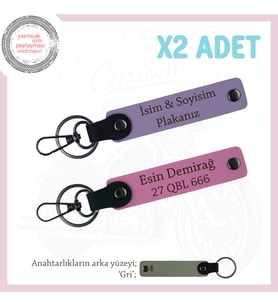 Stil Sahibi Tüm Sürücülere Özel İsimli ve Plakalı İkili Deri Anahtarlık Takımı, Mor Menekşe-Pembe-Gr
