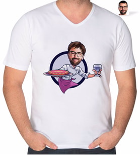 BK Gift Kişiye Özel Erkek Garson Karikatürlü V Yaka Tişört-1 (Beyaz)