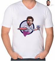 BK Gift Kişiye Özel Erkek Garson Karikatürlü V Yaka Tişört-1 (Beyaz)