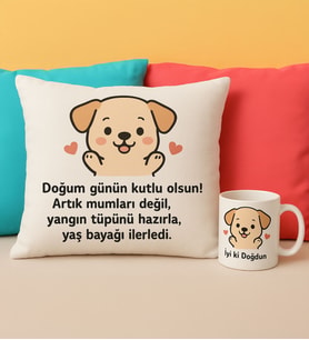 BK Gift Kişiye Özel Sevimli Köpek Tasarımlı Beyaz Kırlent Yastık&Beyaz Kupa Bardak-1, Doğum Günü Hediyesi, Arkadaşa Hediye, Sevgiliye Hediye