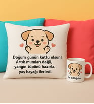 BK Gift Kişiye Özel Sevimli Köpek Tasarımlı Beyaz Kırlent Yastık&Beyaz Kupa Bardak-1, Doğum Günü Hediyesi, Arkadaşa Hediye, Sevgiliye Hediye