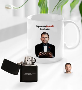BK Gift Kişiye Özel Babalar Günü Hediyesi Godfather Baba Karikatürlü Kupa Bardak ve Benzinli Çakmak Seti-9 (Model 1)
