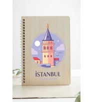İstanbul Galata Kulesi Şehir Tasarım Ahşap Kapaklı Özel Defter Kraft Kâğıt (Akçaağaç Rengi )