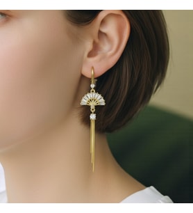 Lorivelle Kadın Baget Taşlı Art Deco Yelpaze Küpe  14K Altın Kaplama Çelik Püsküllü Sallantılı Tasarım