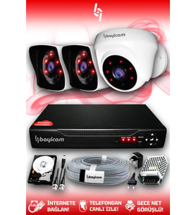 BAYICAM 3 Kameralı Kare 1 İç Kamera Set 1 TB HDD Full HD Gece Görüşlü Güvenlik Kamerası Sistemi
