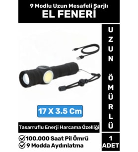 Premium Kamp Avcı Deprem Balıkçı Güvenlik 9 Modlu Uzun Mesafeli Güçlü Işık Şarjlı EL FENERİ