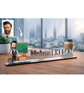Kişiye Özel Öğretmen Karikatürlü 30 cm Ayna Pleksi Masaüstü İsimlik - Öğretmen Hediyesi Öğretmene Özel Hediye