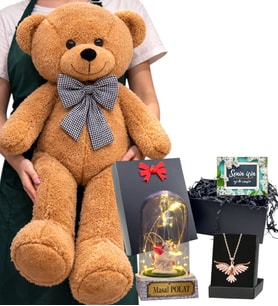 Büyük Boy Kahve Peluş Ayıcık, Kişiye Özel Işıklı Fanus ve Anka Kuşu Kolye Seti (Model 1)