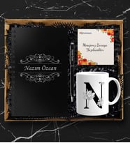 Kişiye Özel Ahşap Siyah Defter Kalem Kupa Hediye Seti