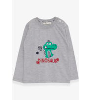 Breeze Erkek Bebek Uzun Kollu Tişört Dinozor Nakışlı 9 Ay-3 Yaş, Gri Melanj