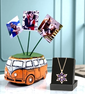 Kişiye Özel 3 Fotoğraflı Vosvos Saksı ve Gerçek Ametist Taşlı Lotus Kolye (Turuncu)
