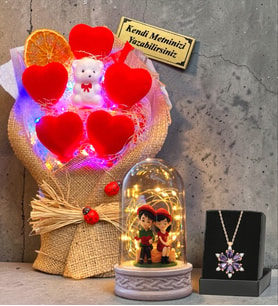 Kişiye Özel Renkli Led Işıklı Kalp Buketi, Lotus Kolye ve Led Işıklı Oturan Çift Biblolu Fanus
