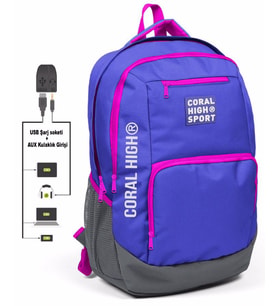Coral High Sport Mavi-Pembe Laptop Bölmeli Sırt Çantası - USB Çıkışlı