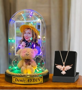 Kişiye Özel Renkli Led Işıklı Fanus ve Zümrüdü Anka Kuşu Kolyesi (Model 9)