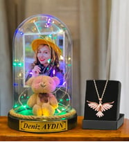 Kişiye Özel Renkli Led Işıklı Fanus ve Zümrüdü Anka Kuşu Kolyesi (Model 9)