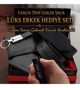 Hakiki Deri Cüzdan Kartlık Kemer Clipper Çakmak Kravat Anahtarlık Hediye Seti - Babaya Arkadaşa Eşe Sevgiliye İsme Özel Premium Tasarım Erkek Hediye Seti