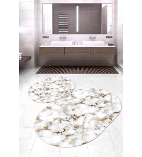 Dijital Baskılı Kaymaz Taban Yıkanabilir Oval 2'li Klozet Takımı Banyo Paspası NOKZ-HT-798 (Beyaz)
