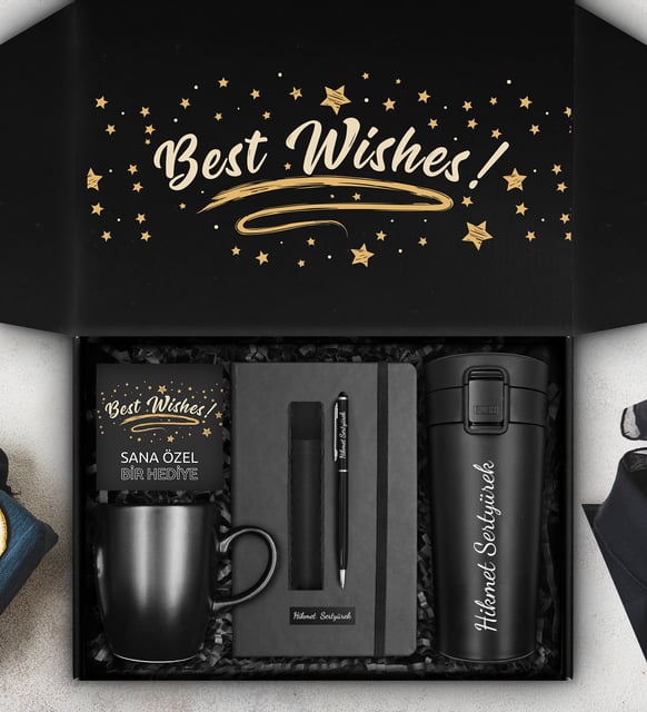 Sevdiklerinize Özel 400 ML Çelik Termos & Kişiye Özel Defter & Deri Kılıflı Touch Pen Kalem & Siyah Kupa Hediye Seti