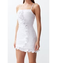 Moda Fit Mezuniyet Balo Poplin Dokuma Kare Yaka Askılı Kol Bodycone Mini Boy Elbise