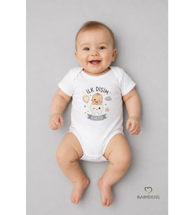 İlk Dişim Çıktı Baskılı Kısa Kol Bebek Body %100 Pamuk Unisex Diş Buğdayı Konsept Çıtçıtlı Zıbın