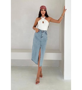 Paralel Taşlı Yırtmaçlı Denim Etek Beyaz